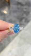 Oval Cut Fancy Blue Diamond Three-Stone Ring with Baguette Side Stones | 10K/14K/18K Gold & Platinum | Fashion Statement Jewelry for Wedding, Event & Gift