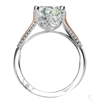 Two Tone White & Rose Gold Round Lab Diamond Split Shank Engagement Ring With Pink Accent Stones