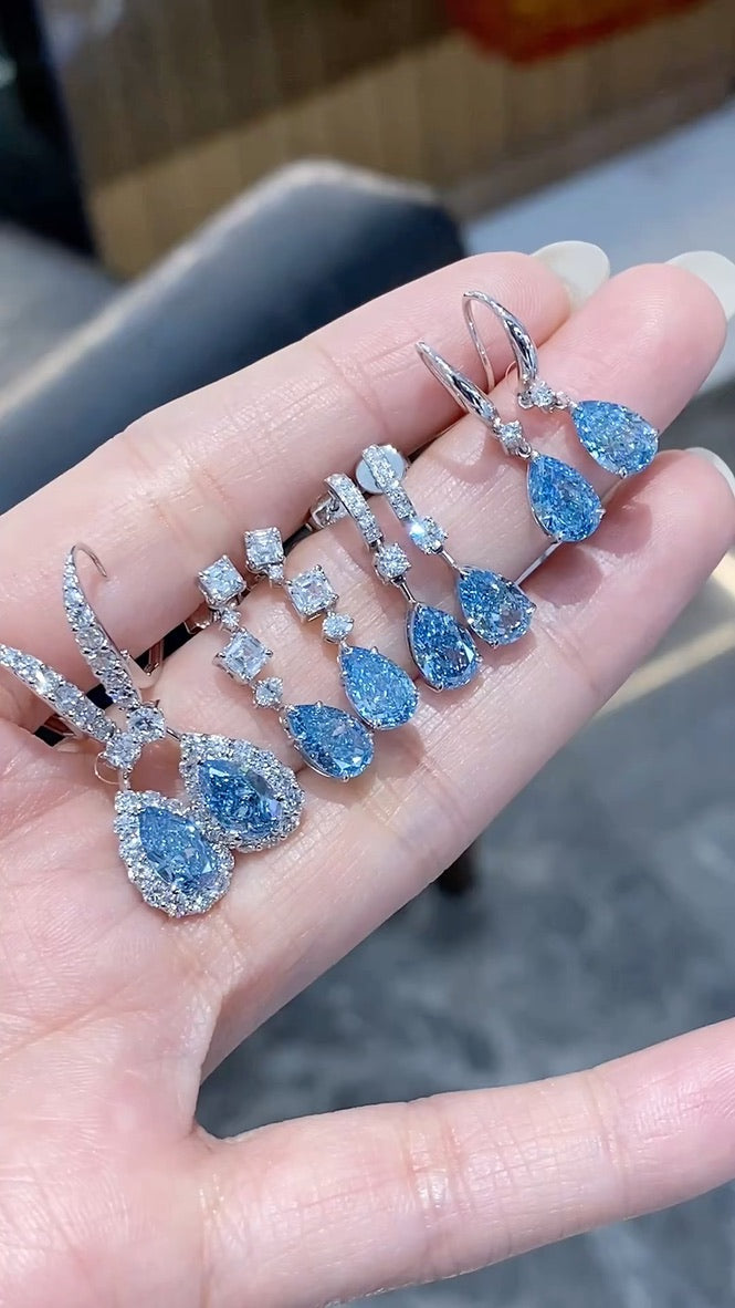 Blue Teardrop Halo Drop Earrings | 18K White Gold Plated Dangle Earrings with Cubic Zirconia Accent for Women | Perfect for Wedding, Date Night & Daily Wear