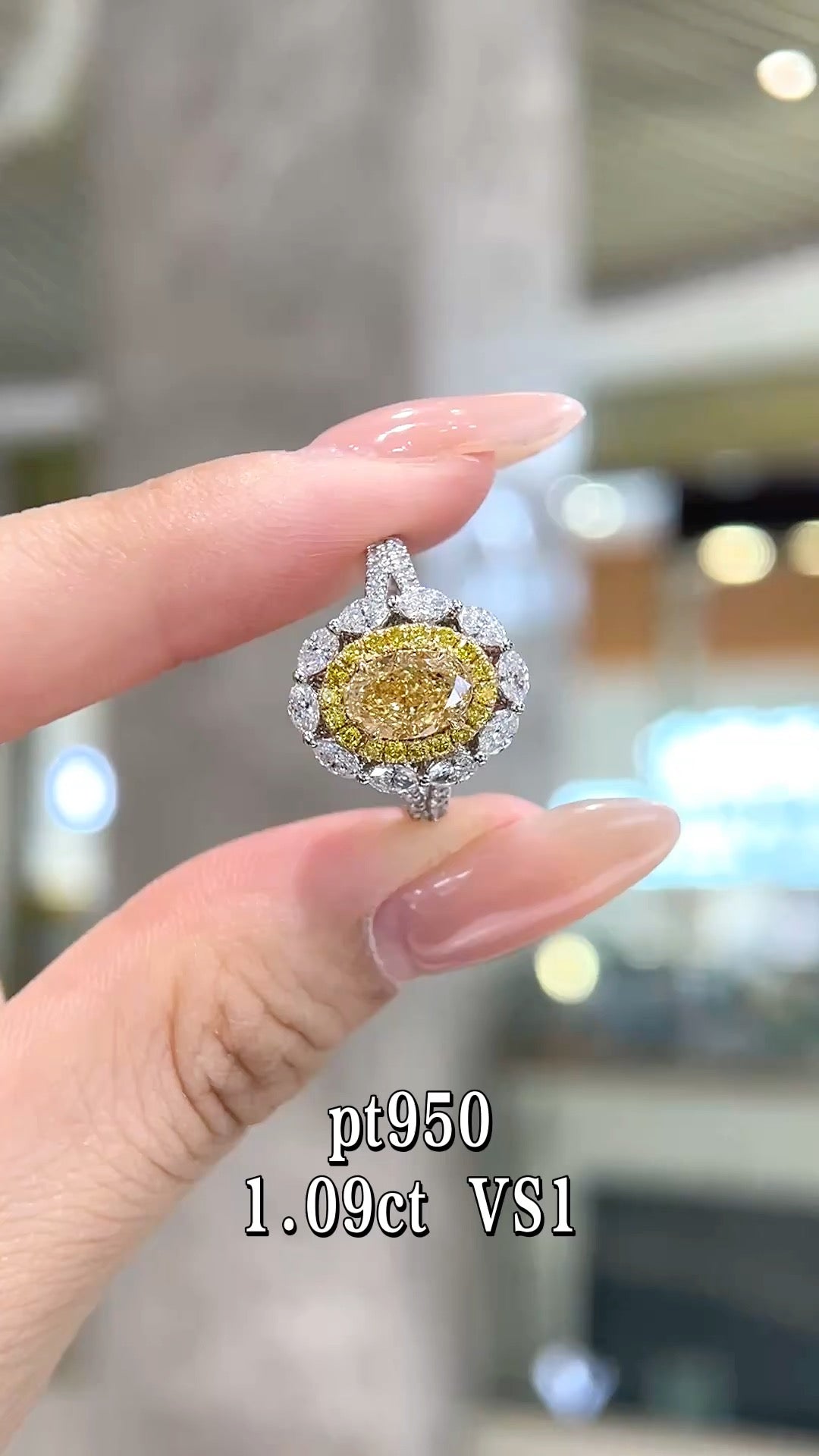 1.09CT Oval Cut Yellow Diamond Halo Ring | Pt950 Platinum VS1 Clarity | Floral Design Diamond Ring for Wedding & Proposal