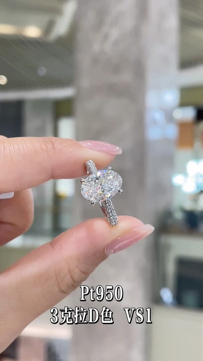 3CT Oval Cut Diamond Engagement Ring | Pt950 Platinum D Color VS1 Clarity | Pave Shank Diamond Ring for Wedding & Proposal