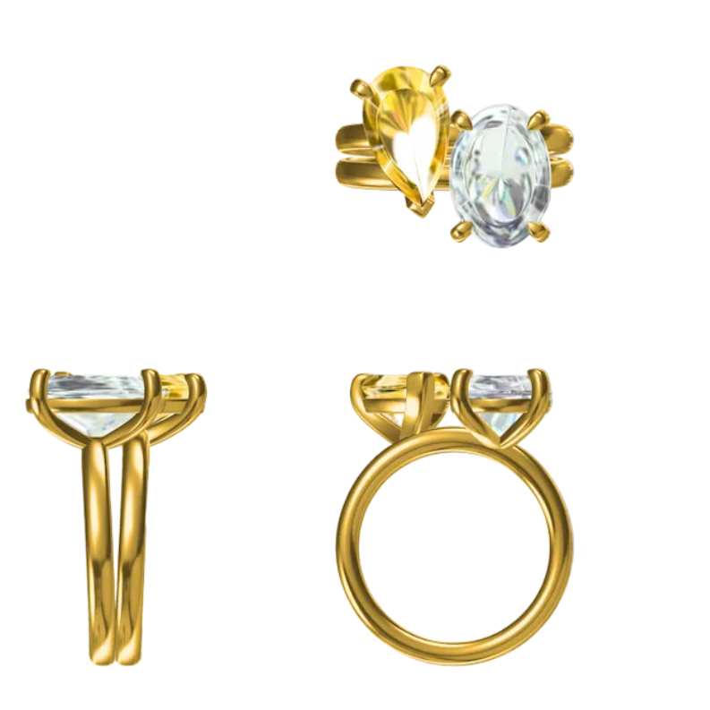 Two Stone Oval & Pear Yellow Lab Diamond 14K Yellow Gold Stacked Engagement Ring Set