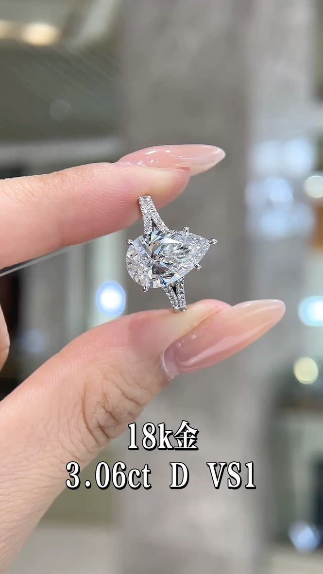 3.06CT Pear Cut Diamond Engagement Ring | 18K White Gold D Color VS1 Clarity | Split Shank Pave Diamond Ring for Wedding & Proposal