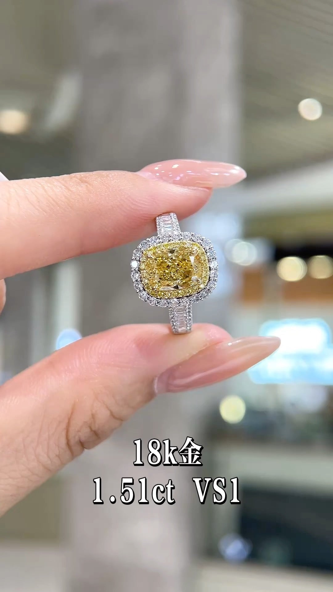 1.51CT Cushion Cut Yellow Diamond Halo Ring | 18K White Gold VS1 Clarity | Baguette Side Stone Engagement Ring for Wedding & Proposal