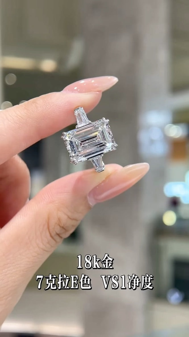 7CT Emerald Cut Diamond Engagement Ring | 18K White Gold E Color VS1 Clarity | Three Stone Baguette Side Stone Ring for Wedding & Proposal