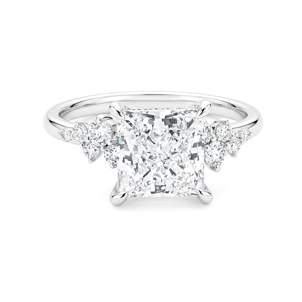 14K White Gold Four‑Prong Princess‑Cut Lab‑Grown Diamond Engagement Ring, Side Cluster Accent Diamonds