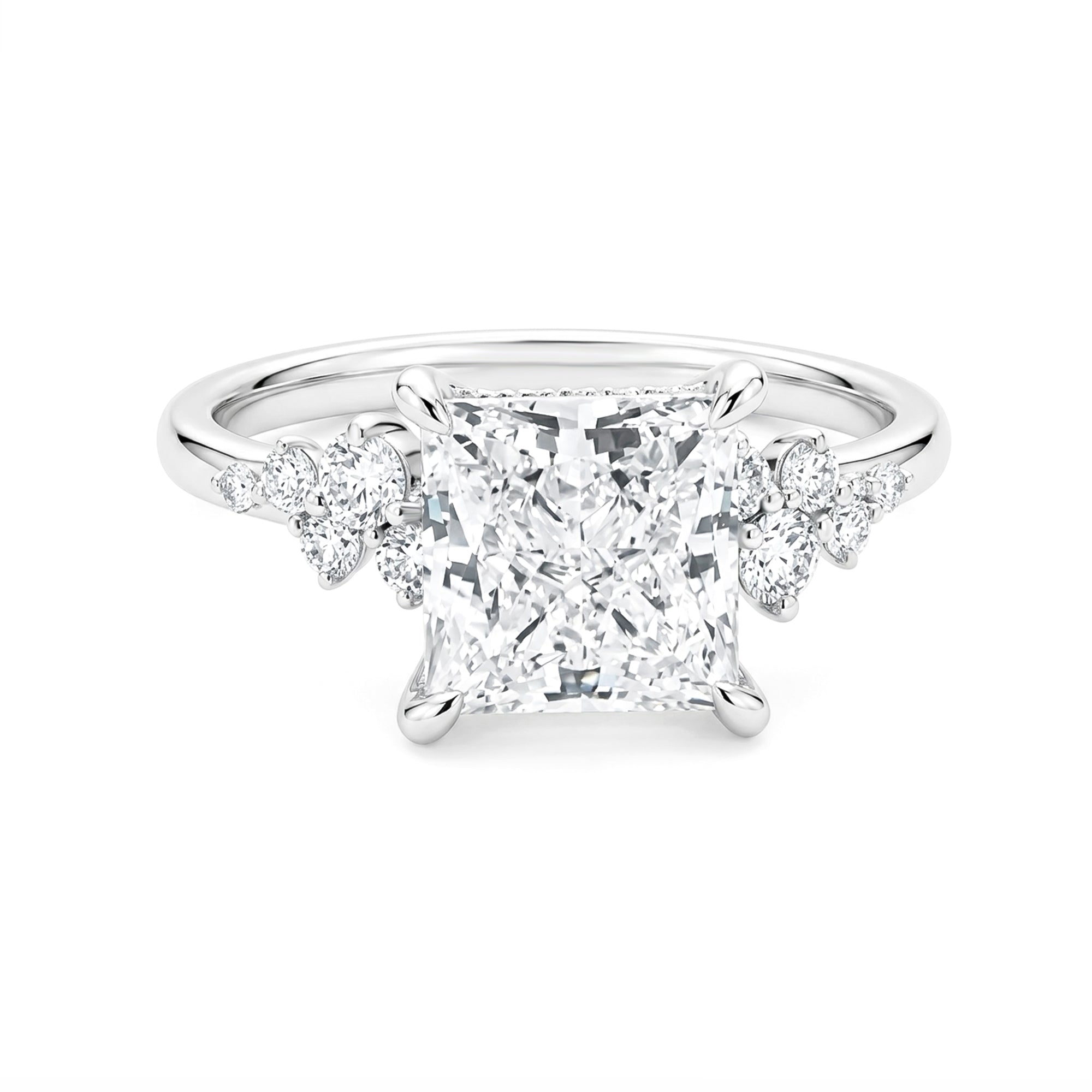 14K White Gold Four‑Prong Princess‑Cut Lab‑Grown Diamond Engagement Ring, Side Cluster Accent Diamonds