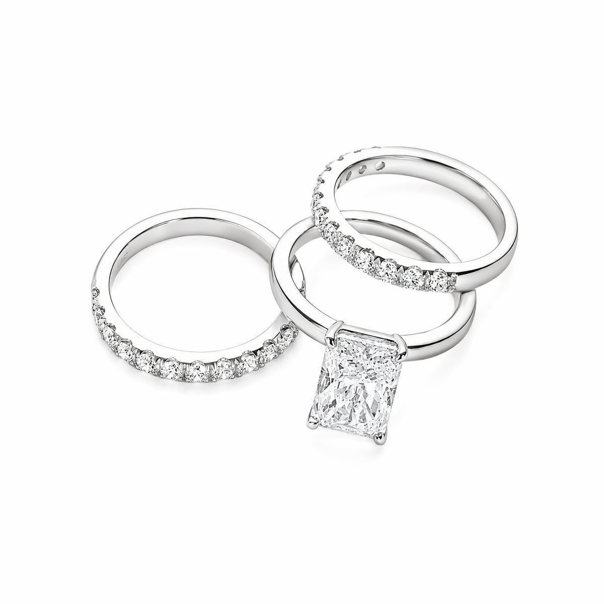 14K White Gold Radiant‑Cut Lab‑Grown Diamond Bridal Ring Set, Half‑Eternity Wedding Bands (3‑Piece Set)