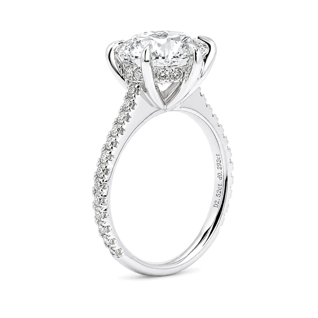 18K White Gold 6 Prong Round Lab Grown Diamond Engagement Ring Pave Diamond Shank Solitaire Ring