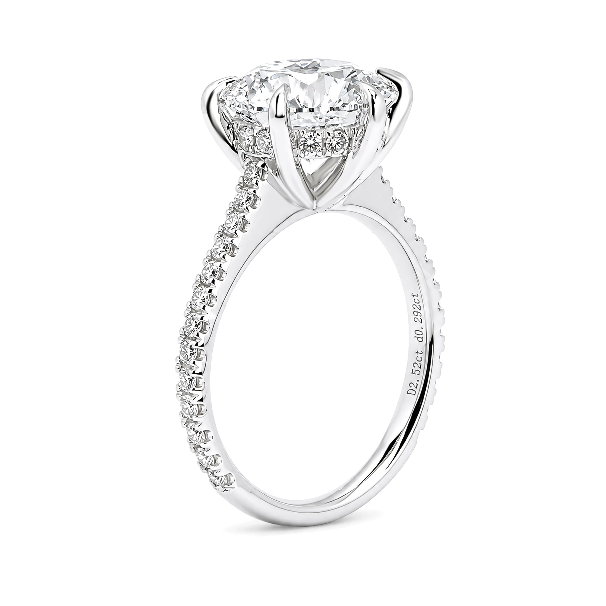 18K White Gold 6 Prong Round Lab Grown Diamond Engagement Ring Pave Diamond Shank Solitaire Ring