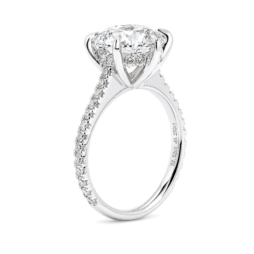 18K White Gold 6 Prong Round Lab Grown Diamond Engagement Ring Pave Diamond Shank Solitaire Ring