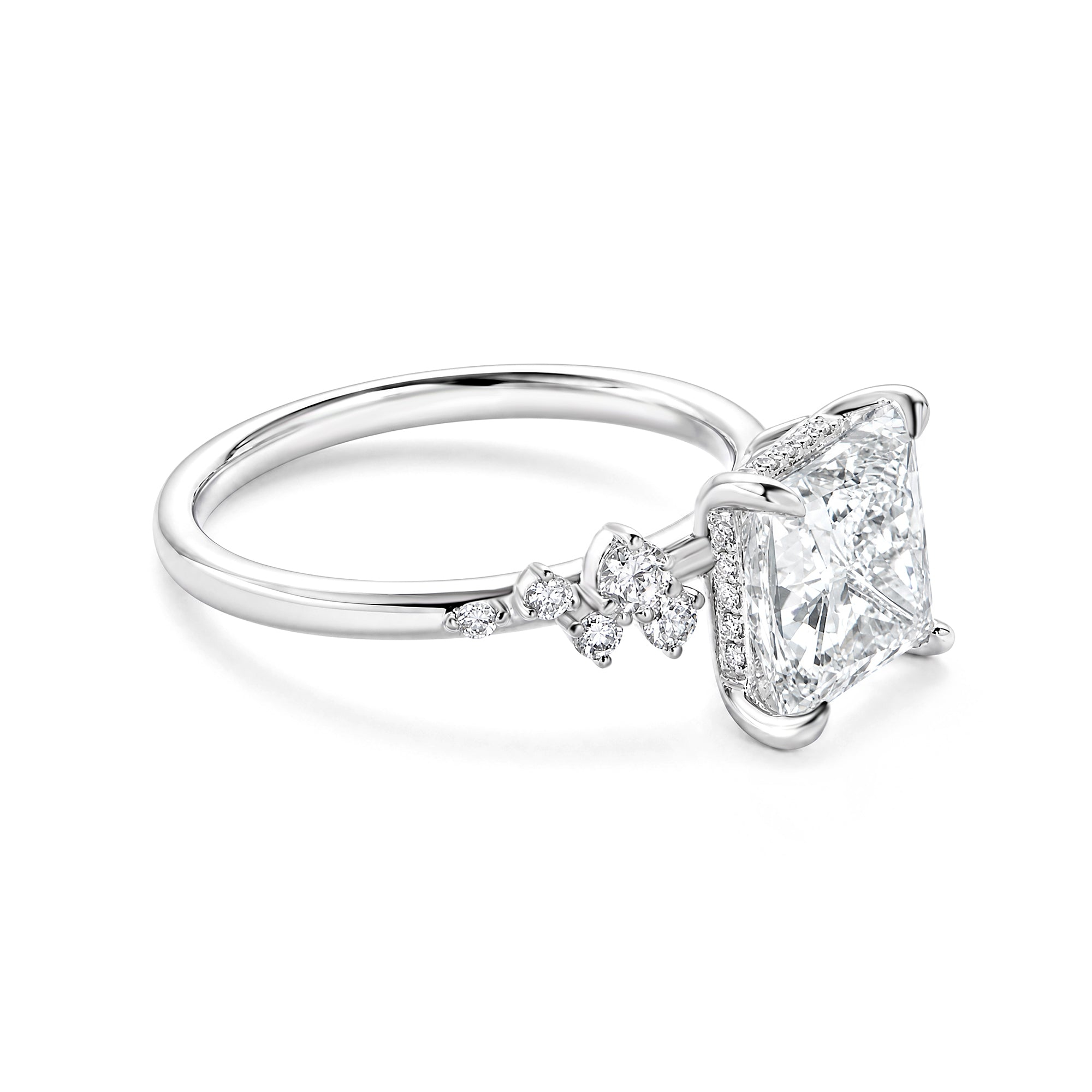 14K White Gold Four‑Prong Princess‑Cut Lab‑Grown Diamond Engagement Ring, Side Cluster Accent Diamonds