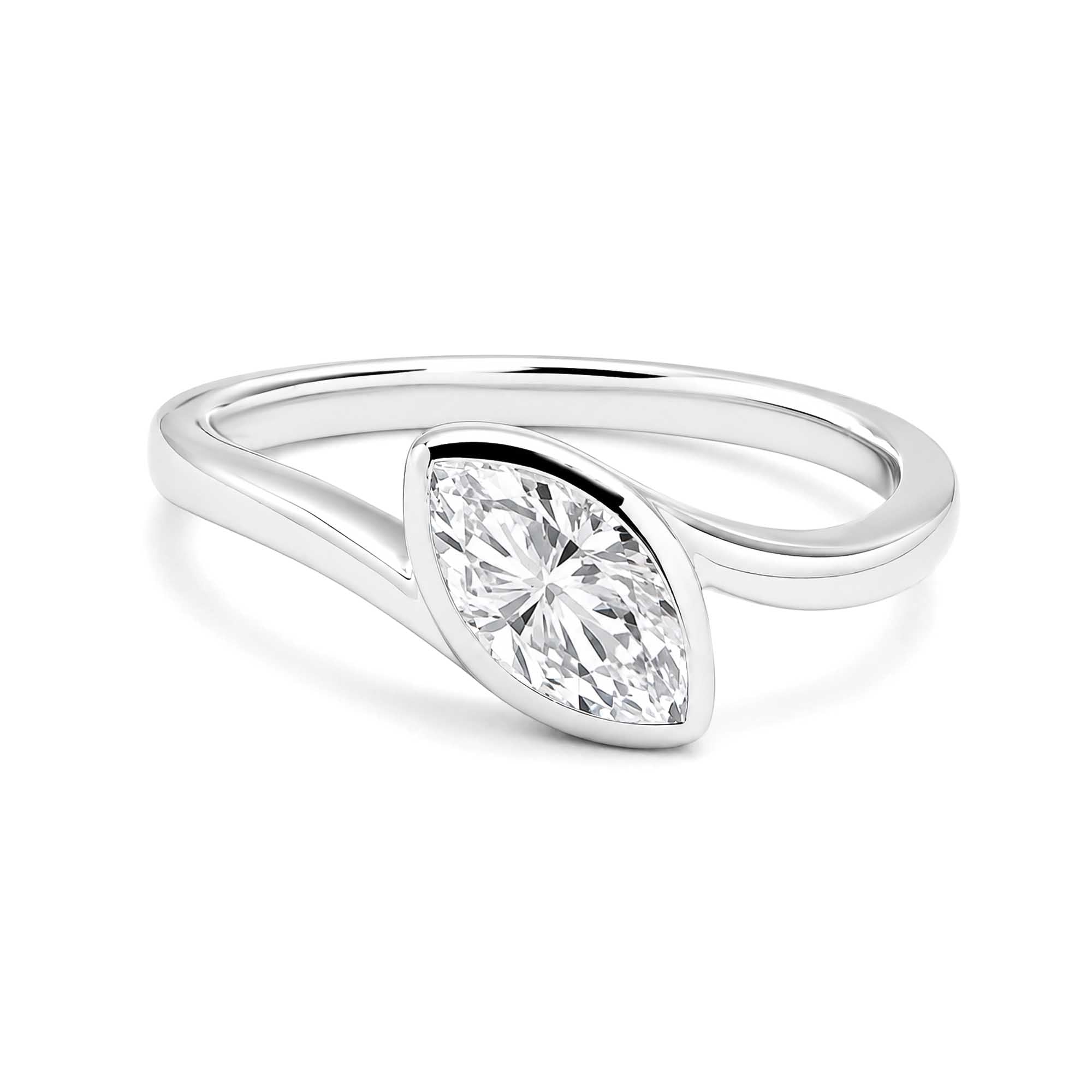 18K White Gold Bezel Set Marquise Lab Grown Diamond Bypass Engagement Ring Minimalist Solitaire Ring