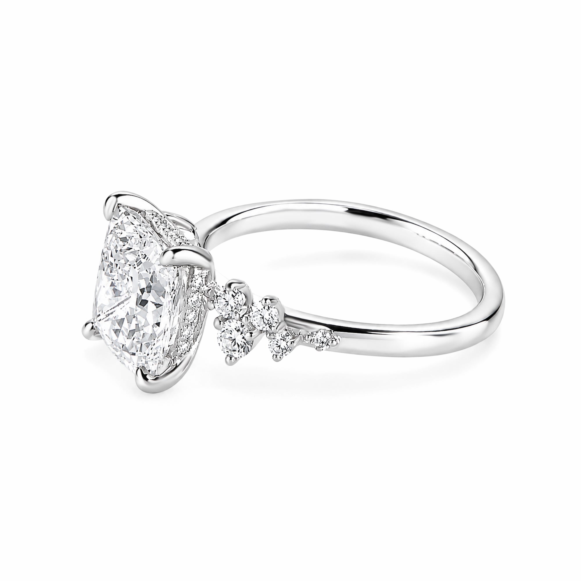 14K White Gold Four‑Prong Princess‑Cut Lab‑Grown Diamond Engagement Ring, Side Cluster Accent Diamonds