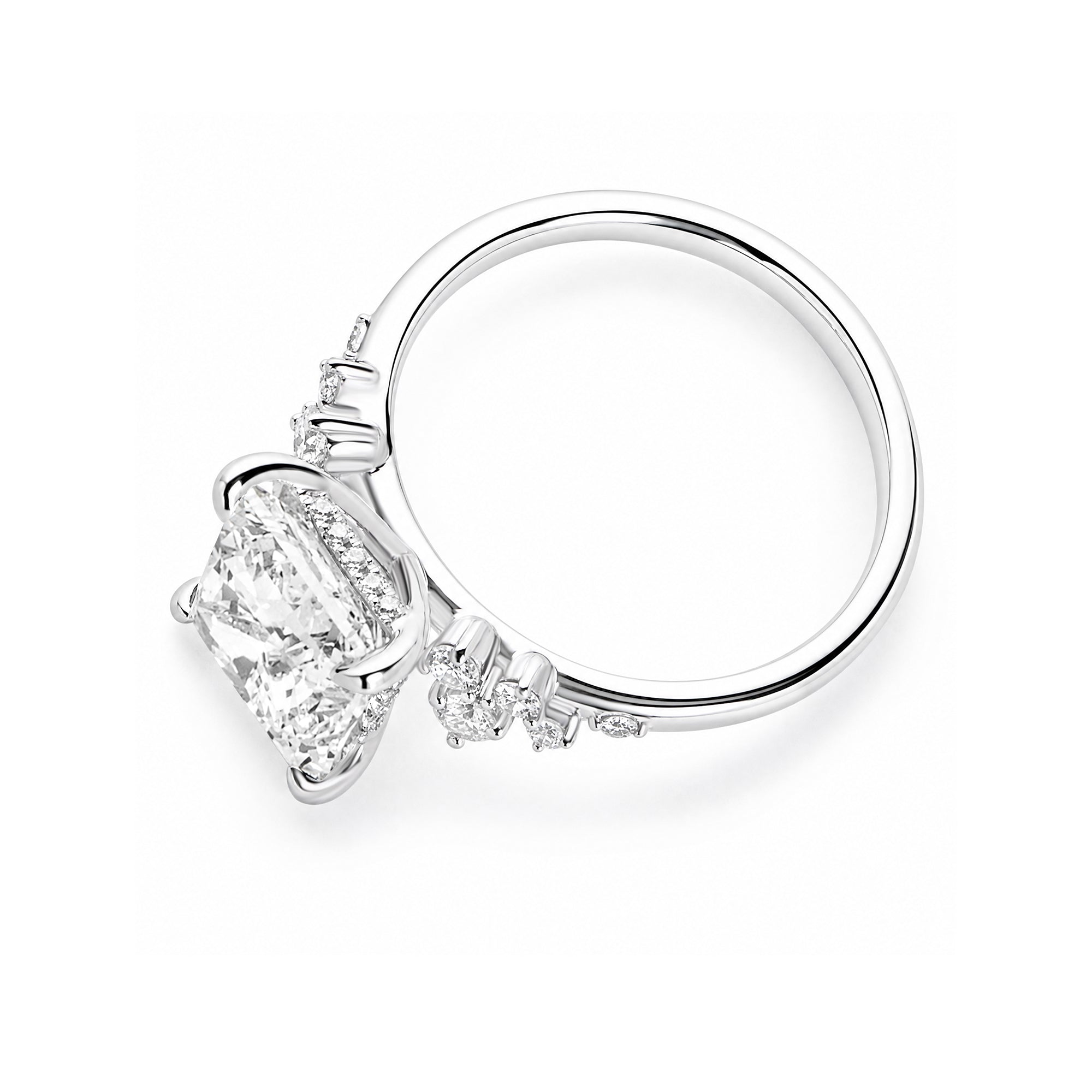 14K White Gold Four‑Prong Princess‑Cut Lab‑Grown Diamond Engagement Ring, Side Cluster Accent Diamonds
