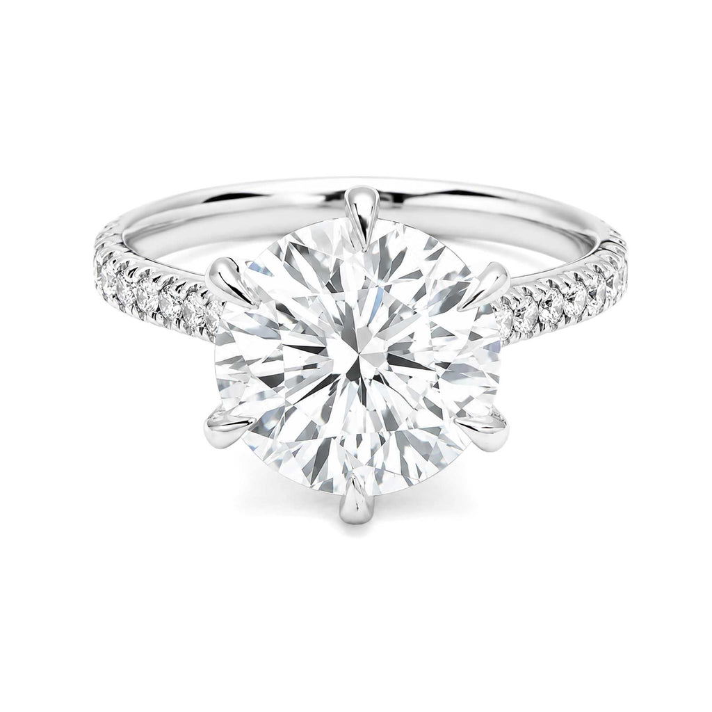 18K White Gold 6 Prong Round Lab Grown Diamond Engagement Ring Pave Diamond Shank Solitaire Ring