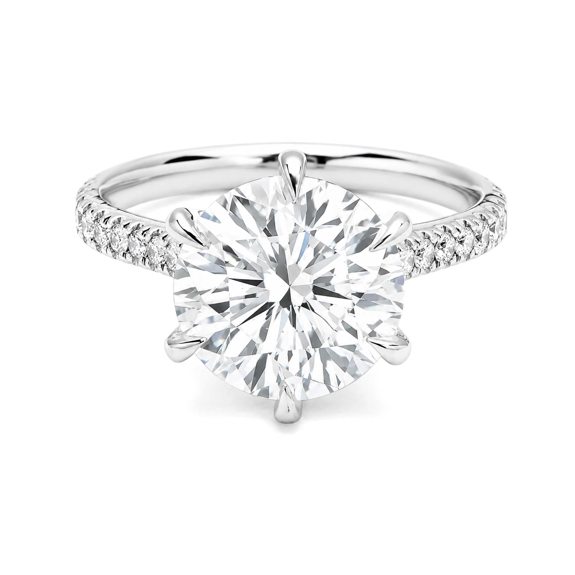 18K White Gold 6 Prong Round Lab Grown Diamond Engagement Ring Pave Diamond Shank Solitaire Ring