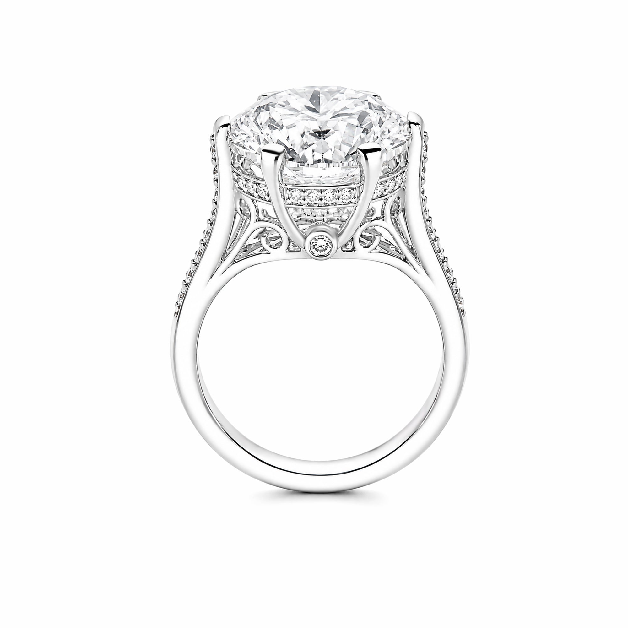 14K White Gold Round Brilliant‑Cut Lab‑Grown Diamond Engagement Ring, Six‑Prong With Pave Side Band