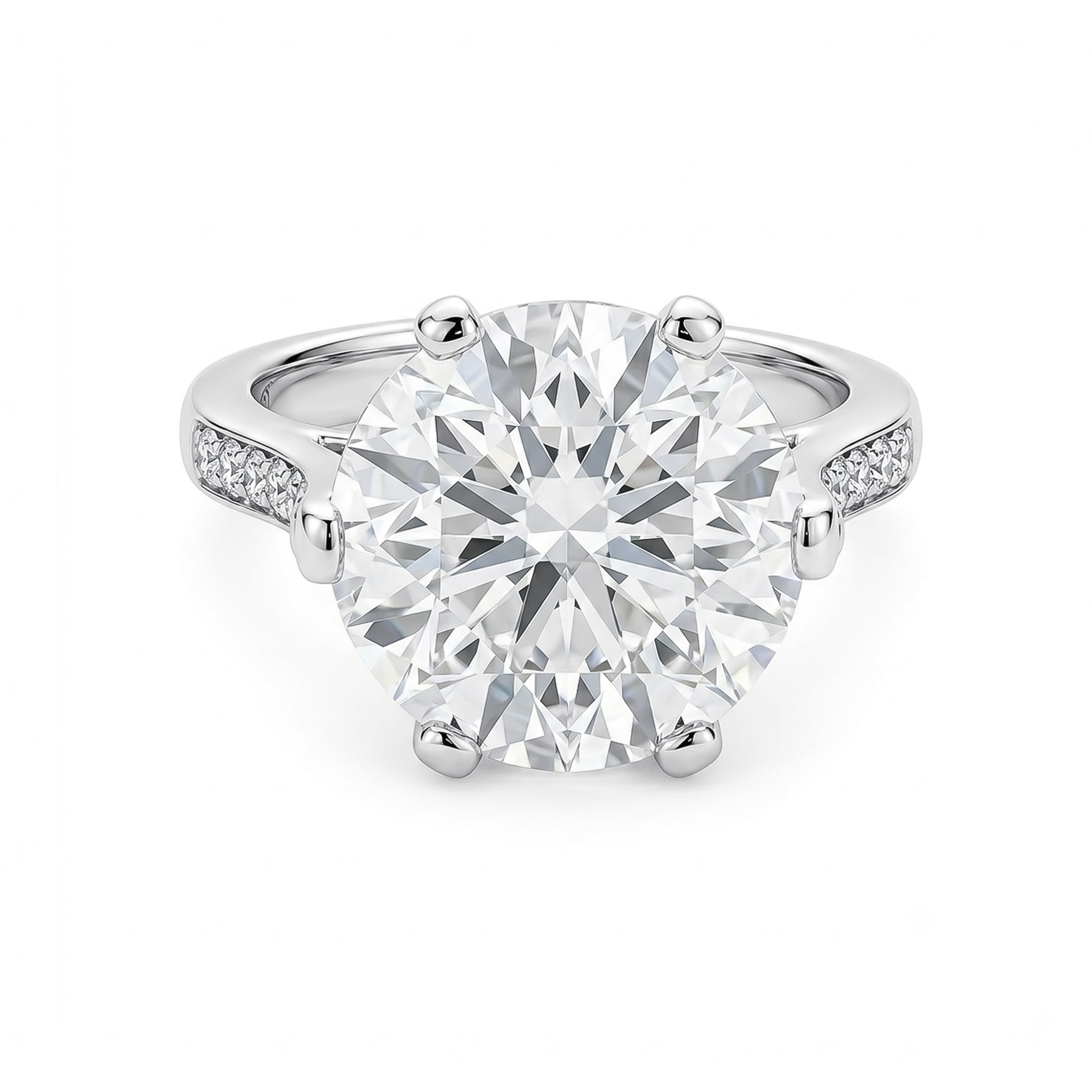 14K White Gold Round Brilliant‑Cut Lab‑Grown Diamond Engagement Ring, Six‑Prong With Pave Side Band