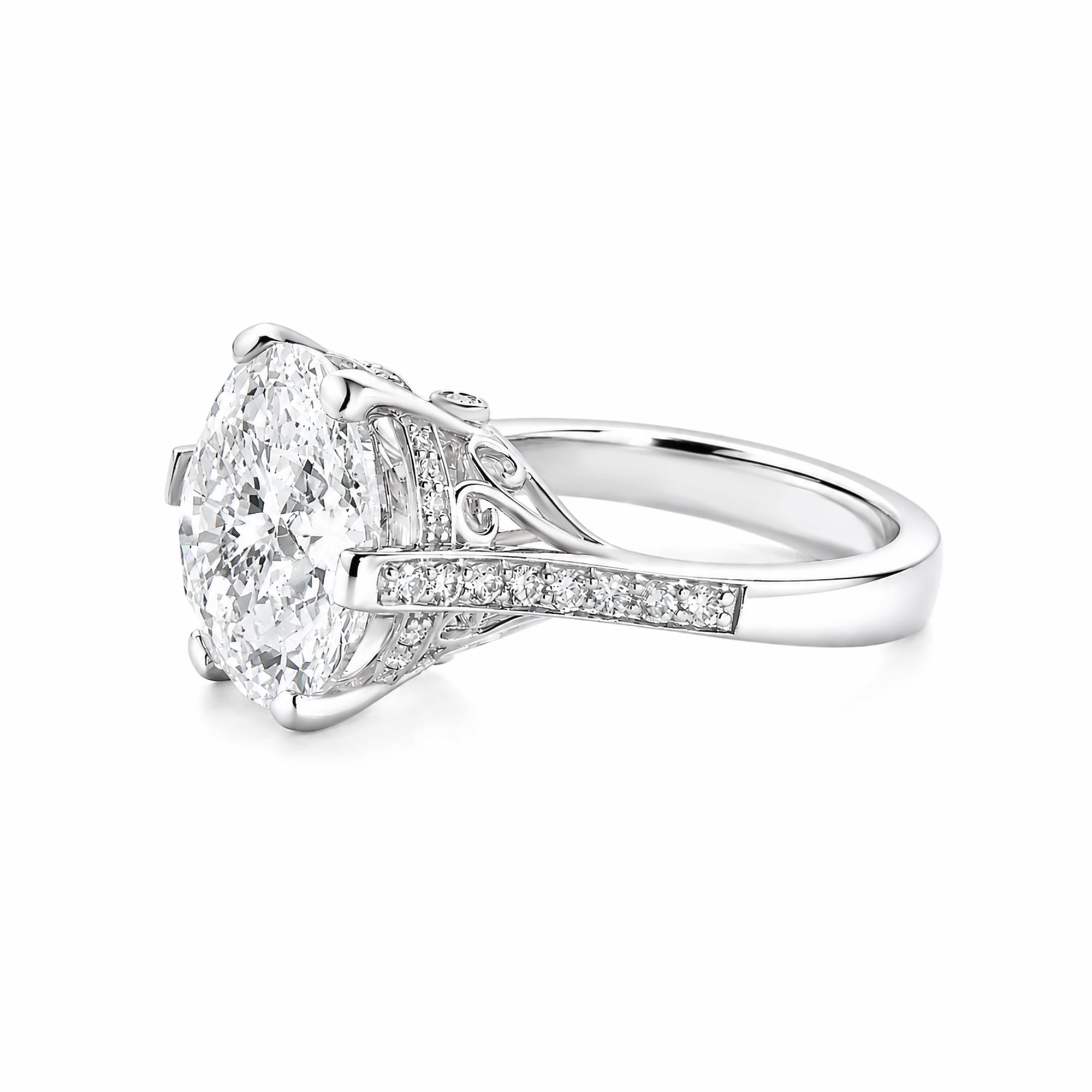 14K White Gold Round Brilliant‑Cut Lab‑Grown Diamond Engagement Ring, Six‑Prong With Pave Side Band