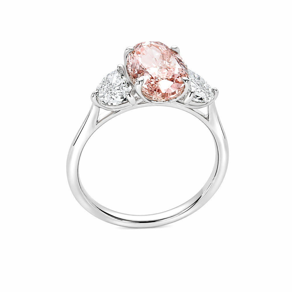 14K White Gold Oval Pink Lab‑Grown Diamond Three‑Stone Engagement Ring With White Oval Side Stones