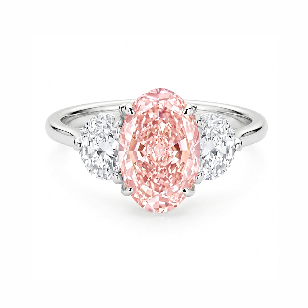 14K White Gold Oval Pink Lab‑Grown Diamond Three‑Stone Engagement Ring With White Oval Side Stones
