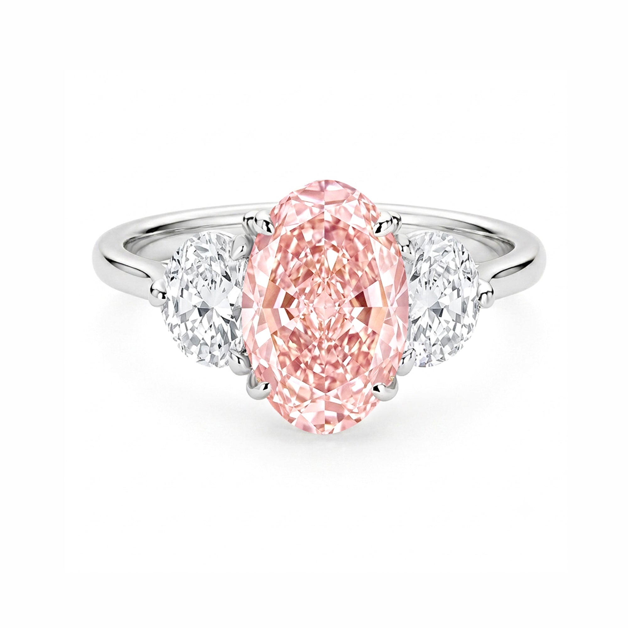 14K White Gold Oval Pink Lab‑Grown Diamond Three‑Stone Engagement Ring With White Oval Side Stones