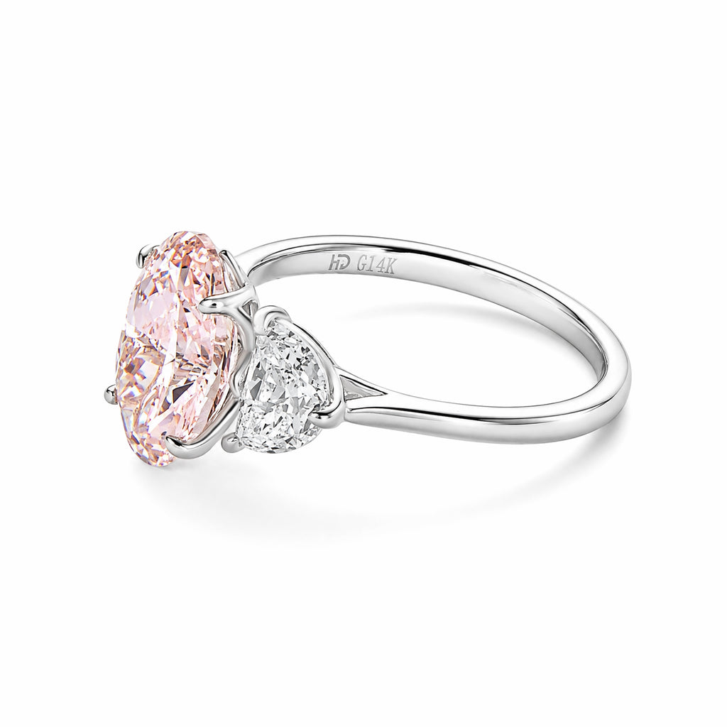14K White Gold Oval Pink Lab‑Grown Diamond Three‑Stone Engagement Ring With White Oval Side Stones