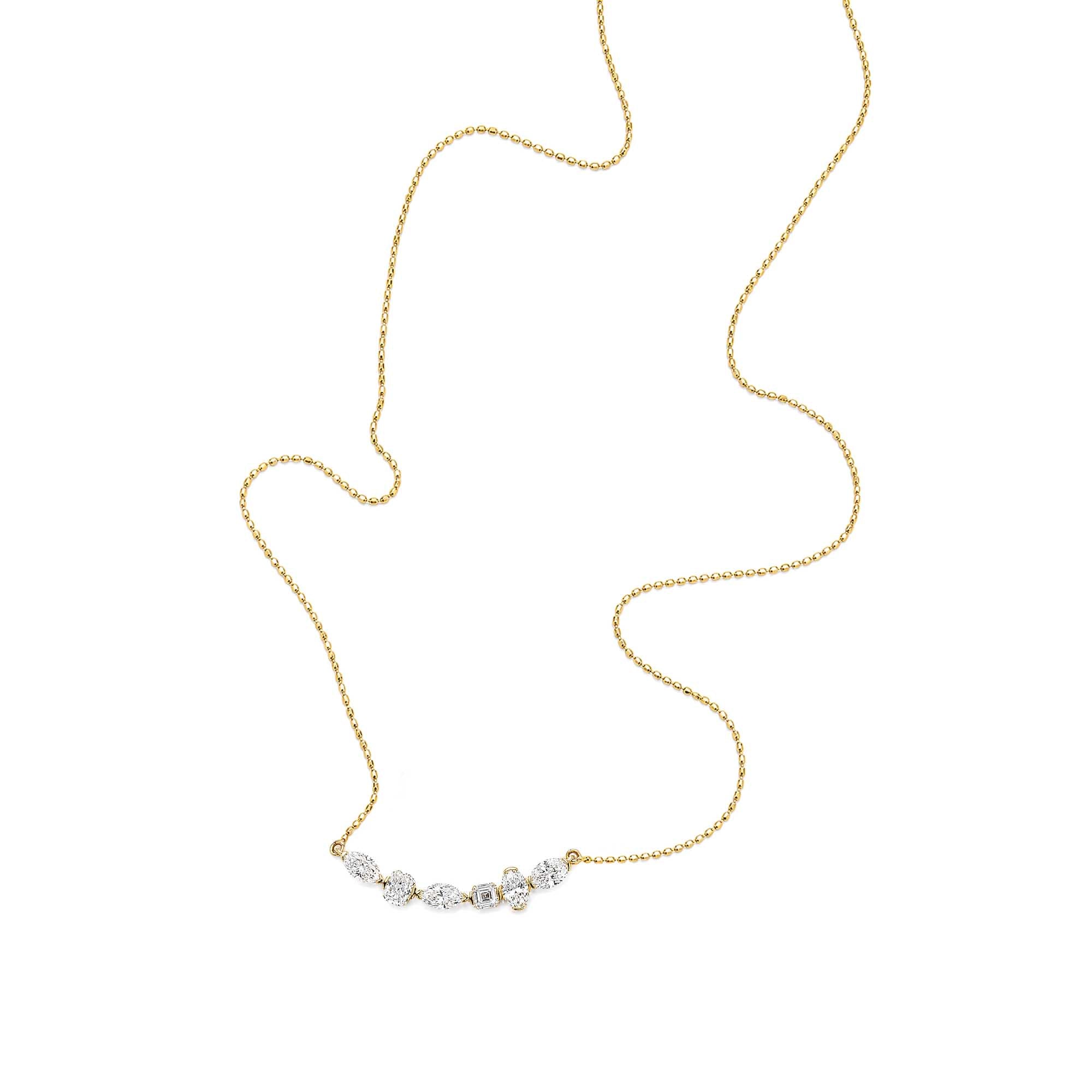 18K Yellow Gold Mixed Shape Lab Diamond Curved Bar Necklace Marquise & Cushion Diamond Horizontal Pendant Necklace