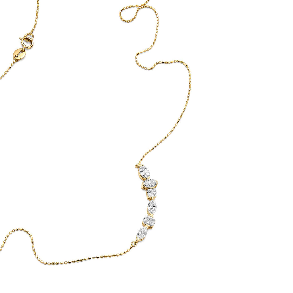 18K Yellow Gold Mixed Shape Lab Diamond Curved Bar Necklace Marquise & Cushion Diamond Horizontal Pendant Necklace