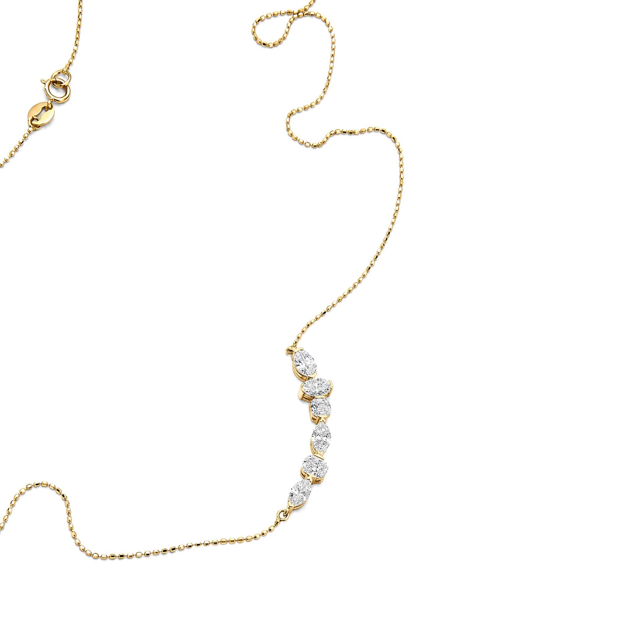18K Yellow Gold Mixed Shape Lab Diamond Curved Bar Necklace Marquise & Cushion Diamond Horizontal Pendant Necklace