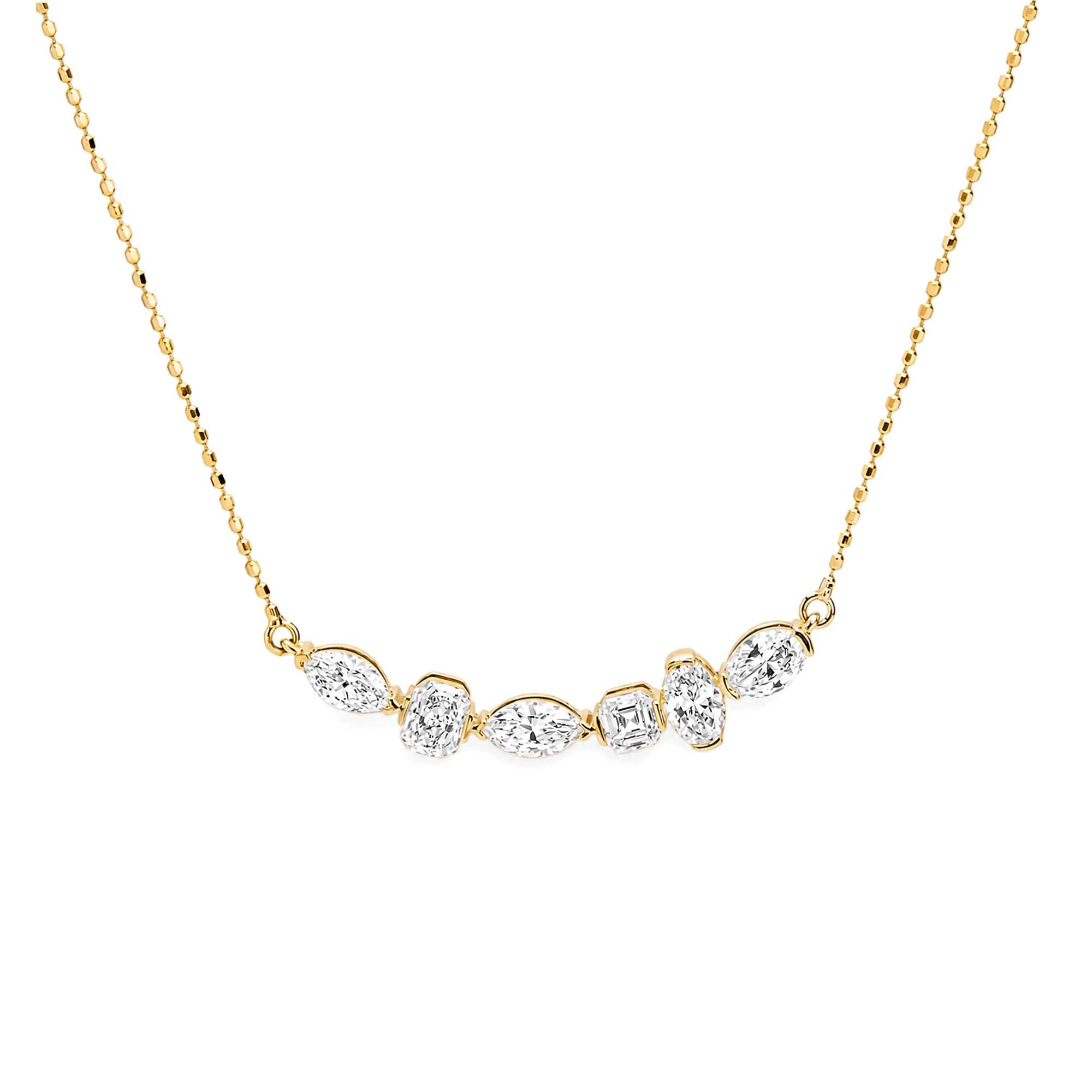 18K Yellow Gold Mixed Shape Lab Diamond Curved Bar Necklace Marquise & Cushion Diamond Horizontal Pendant Necklace