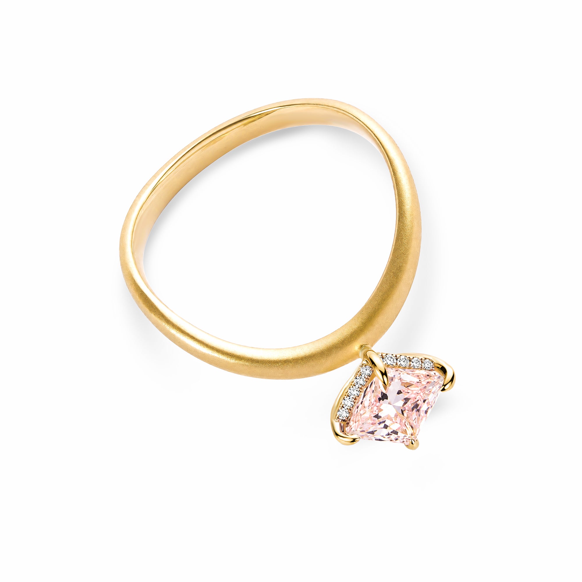 18K Yellow Gold Princess‑Cut Pink Lab‑Grown Diamond Ring, Textured Curved Band With Hidden Pave Halo
