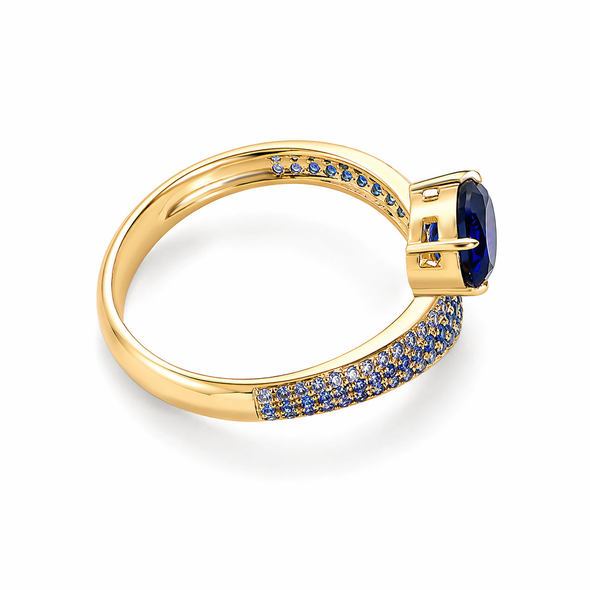 14K Yellow Gold Oval‑Cut Blue Sapphire Ring With Ombre Multi‑Tone Blue Pavé Setting
