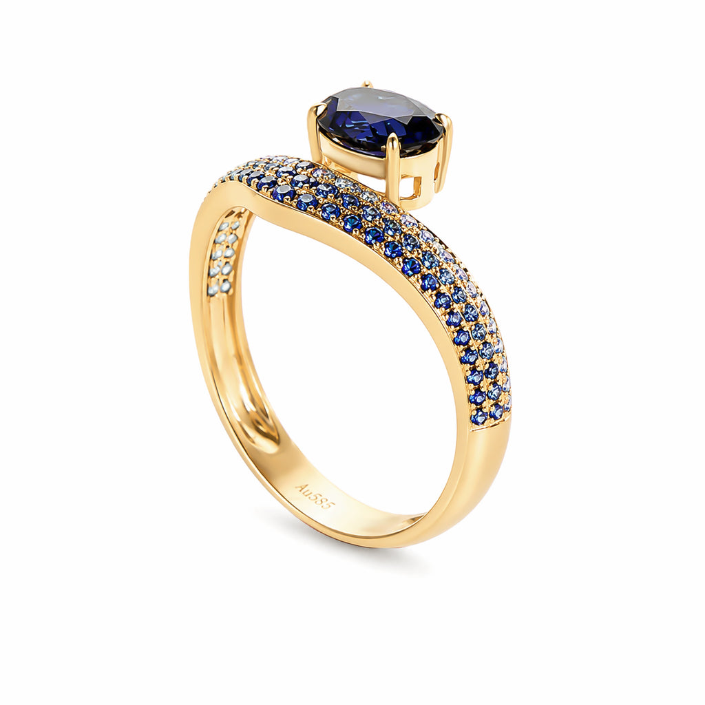 14K Yellow Gold Oval‑Cut Blue Sapphire Ring With Ombre Multi‑Tone Blue Pavé Setting