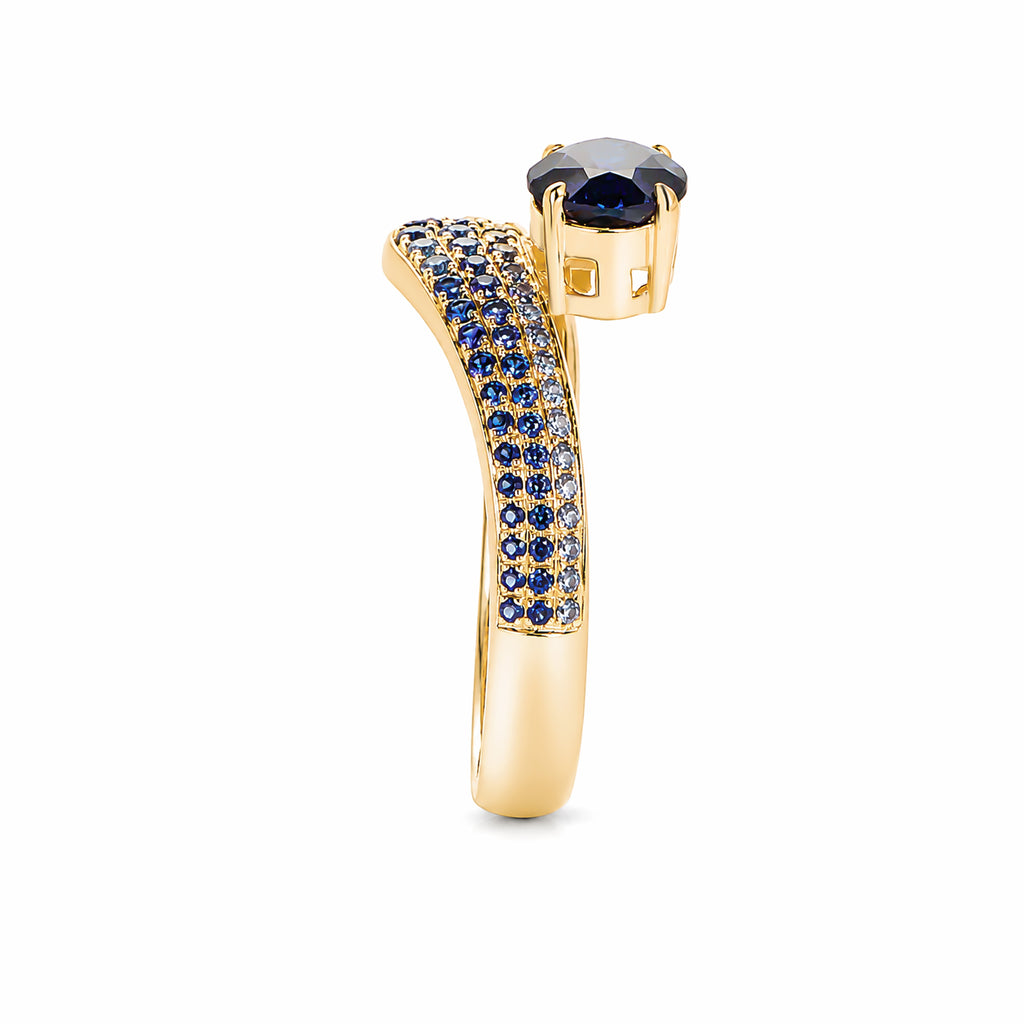 14K Yellow Gold Oval‑Cut Blue Sapphire Ring With Ombre Multi‑Tone Blue Pavé Setting