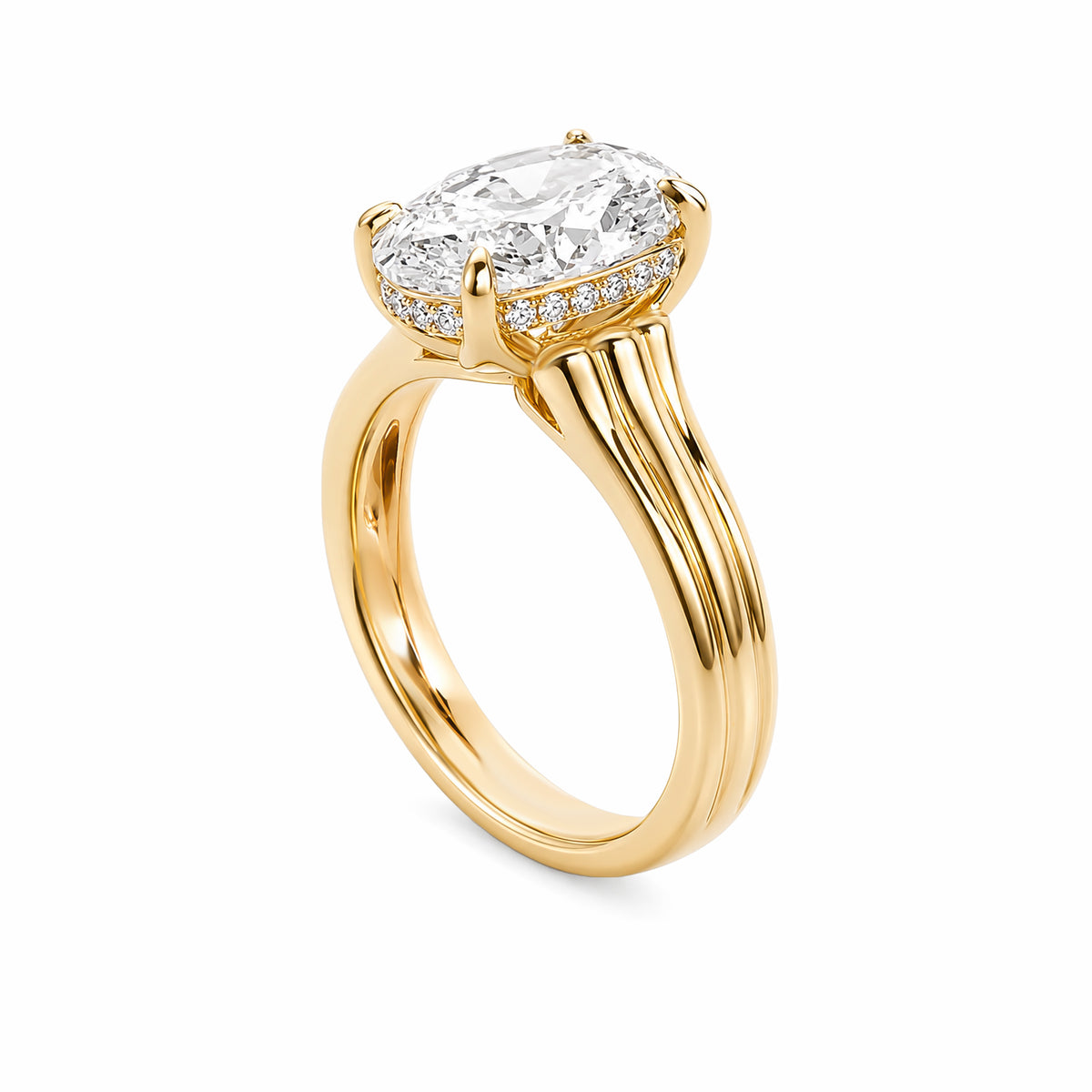 18K Yellow Gold Four‑Prong Oval‑Cut Lab‑Grown Diamond Engagement Ring, Triple‑Row Split Shank