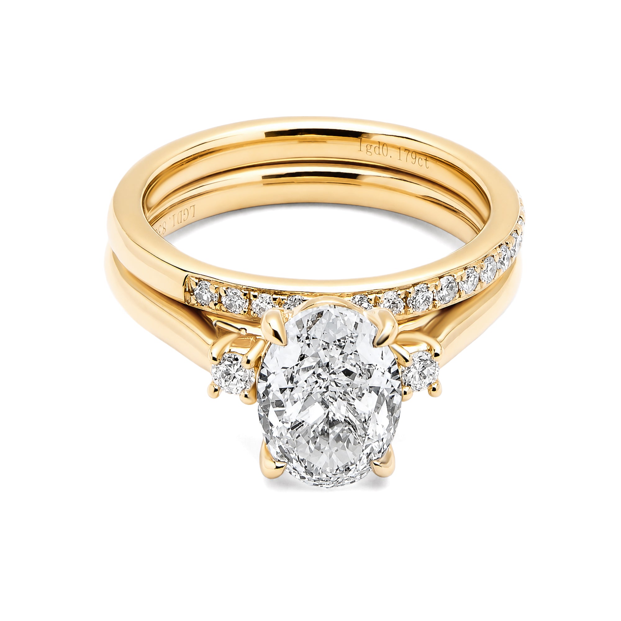18K Yellow Gold Oval Three Stone Lab Grown Diamond Engagement Ring Matching Pave Wedding Band Bridal Ring Set