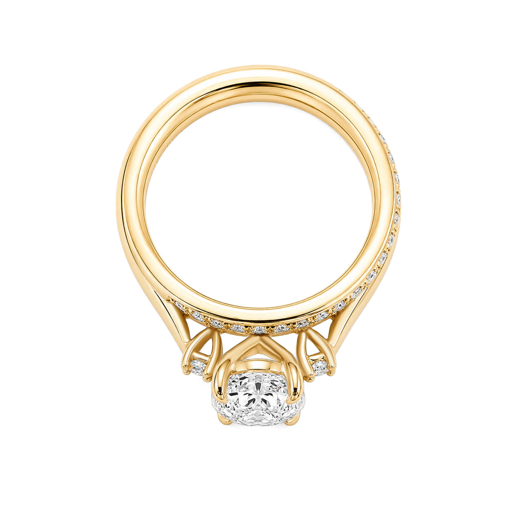 18K Yellow Gold Oval Three Stone Lab Grown Diamond Engagement Ring Matching Pave Wedding Band Bridal Ring Set