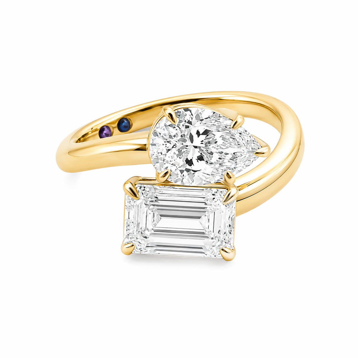 18K Yellow Gold Toi‑et‑Moi Pear & Emerald Cut Lab‑Grown Diamond Bypass Ring, Hidden Sapphire & Amethyst Accents