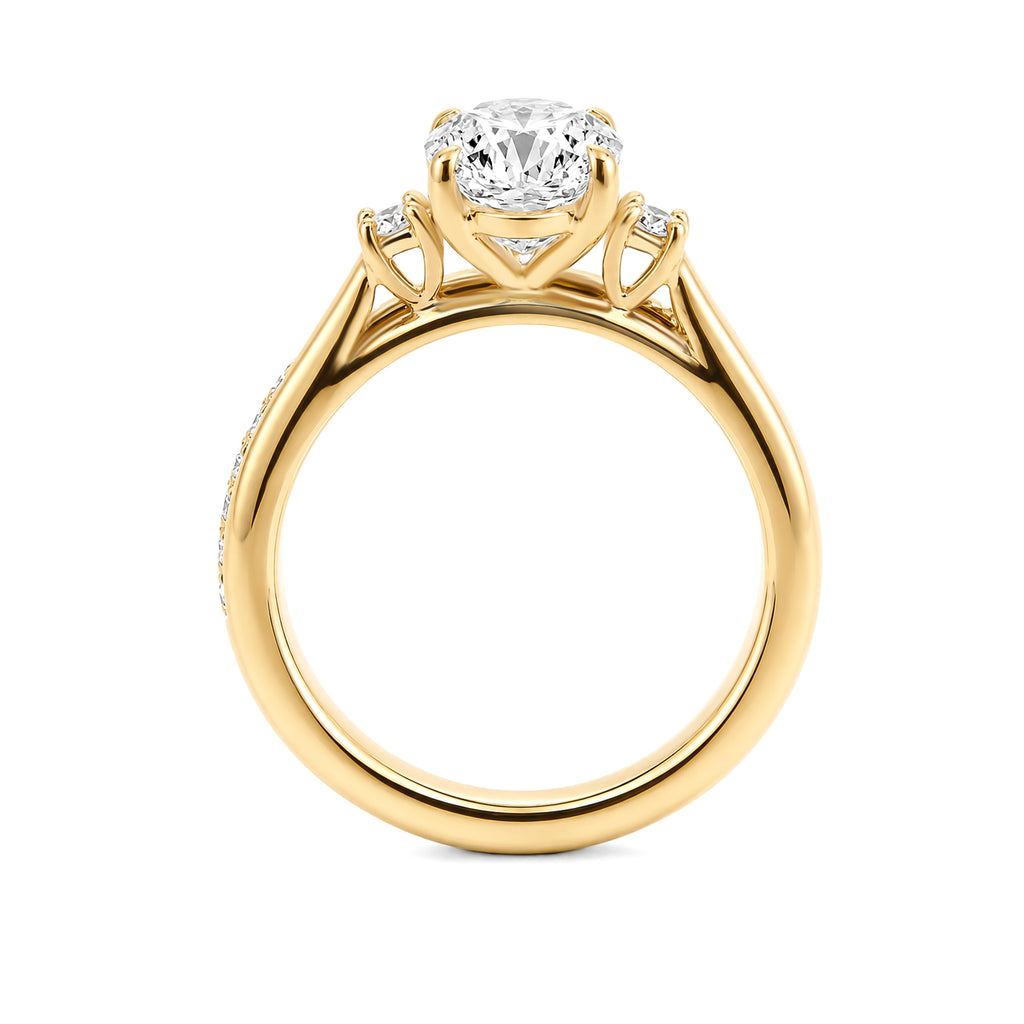 18K Yellow Gold Oval Three Stone Lab Grown Diamond Engagement Ring Matching Pave Wedding Band Bridal Ring Set