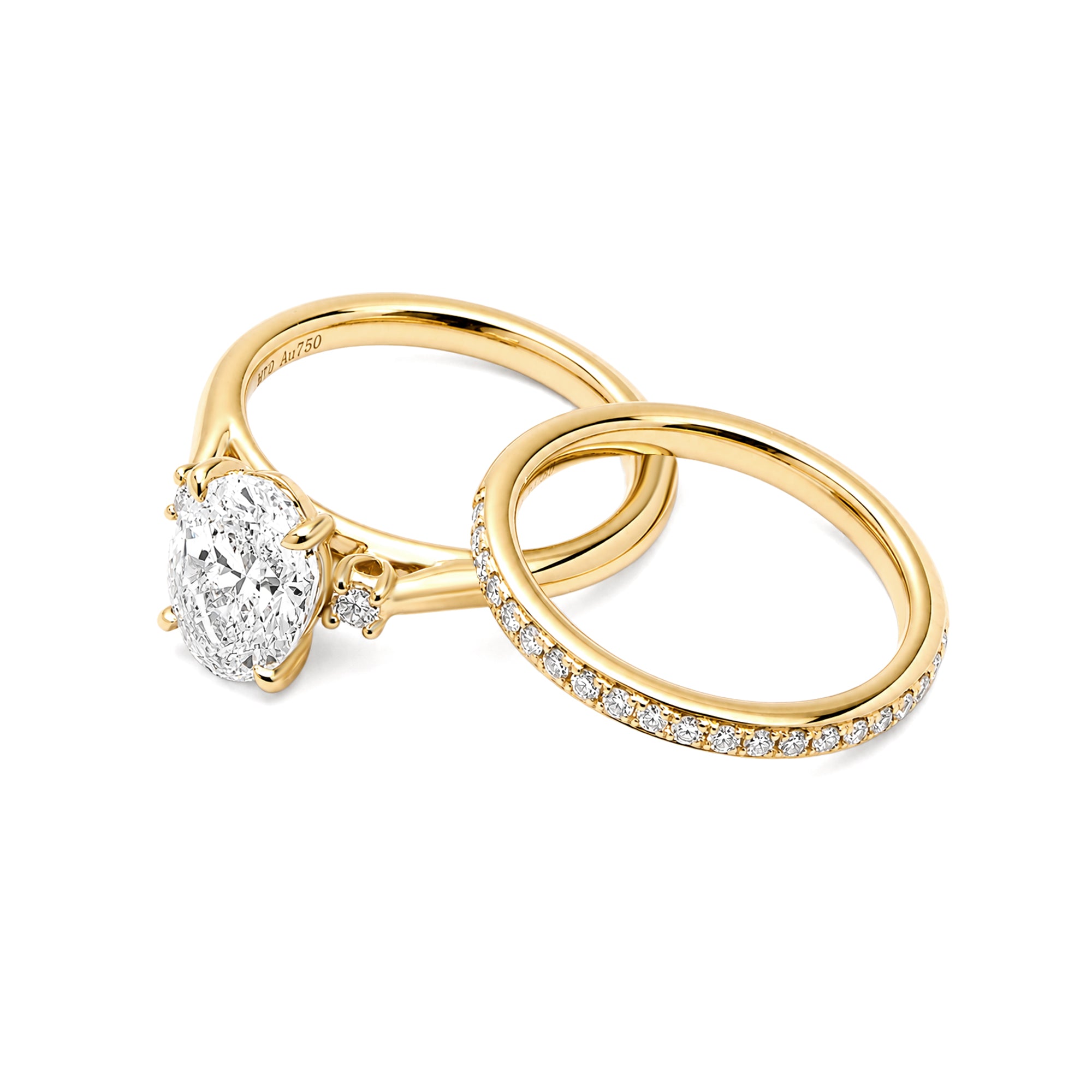18K Yellow Gold Oval Three Stone Lab Grown Diamond Engagement Ring Matching Pave Wedding Band Bridal Ring Set