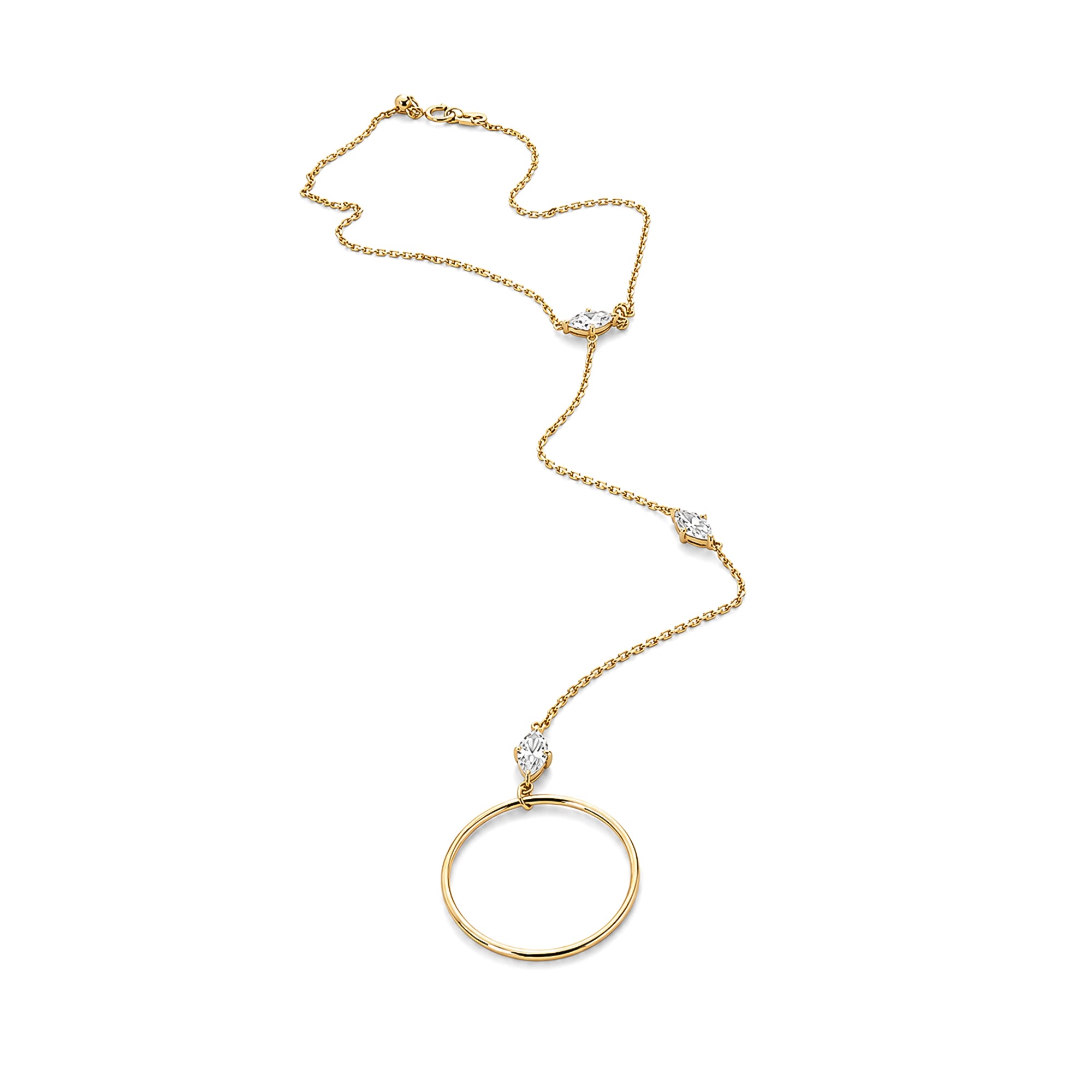 14K Yellow Gold Marquise Lab Diamond Station Y Drop Circle Pendant hand chain