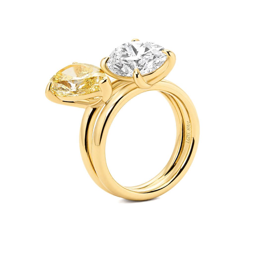 Two Stone Oval & Pear Yellow Lab Diamond 14K Yellow Gold Stacked Engagement Ring Set