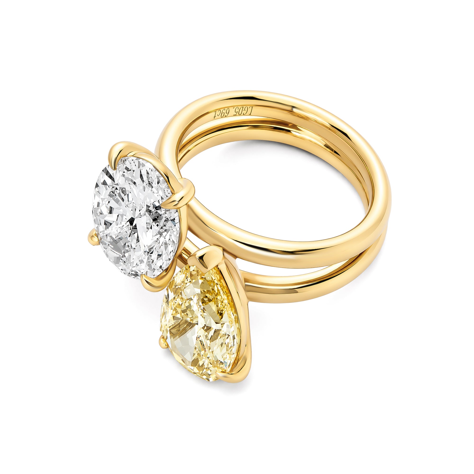 Two Stone Oval & Pear Yellow Lab Diamond 14K Yellow Gold Stacked Engagement Ring Set