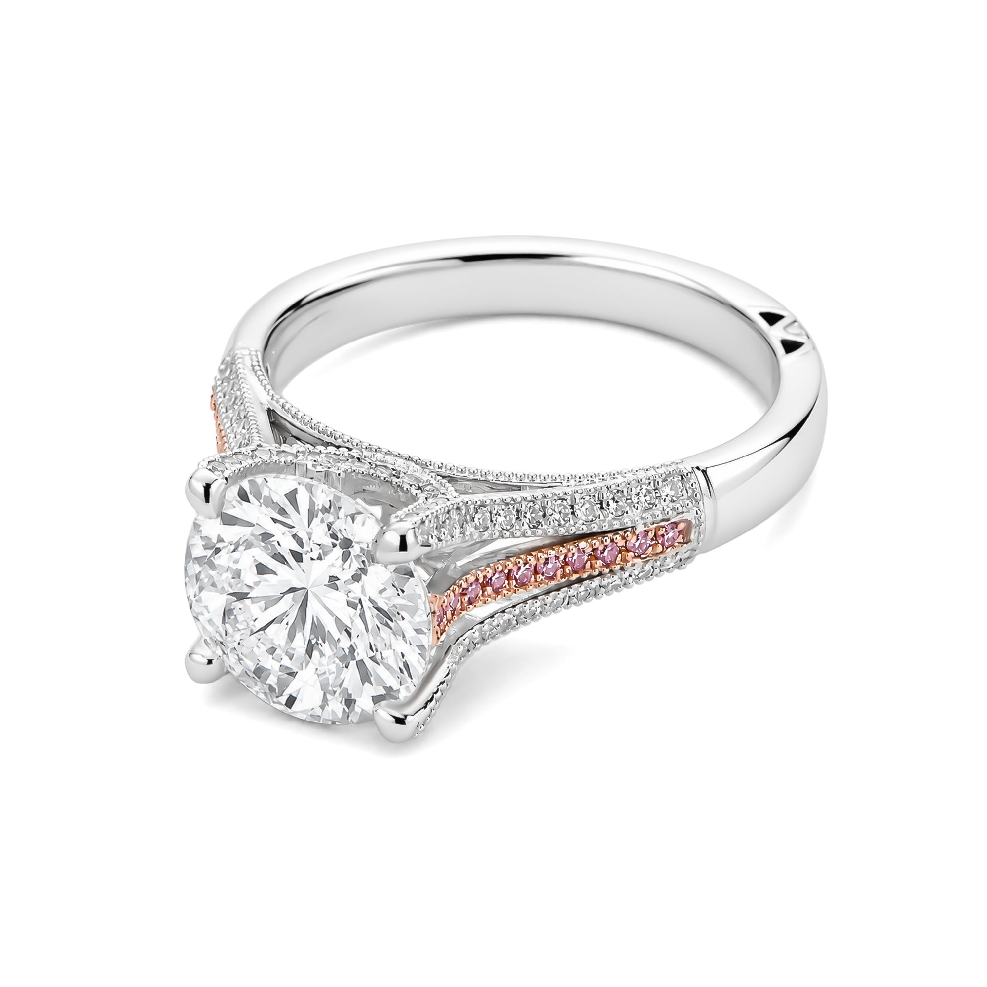 Two Tone White & Rose Gold Round Lab Diamond Split Shank Engagement Ring With Pink Accent Stones