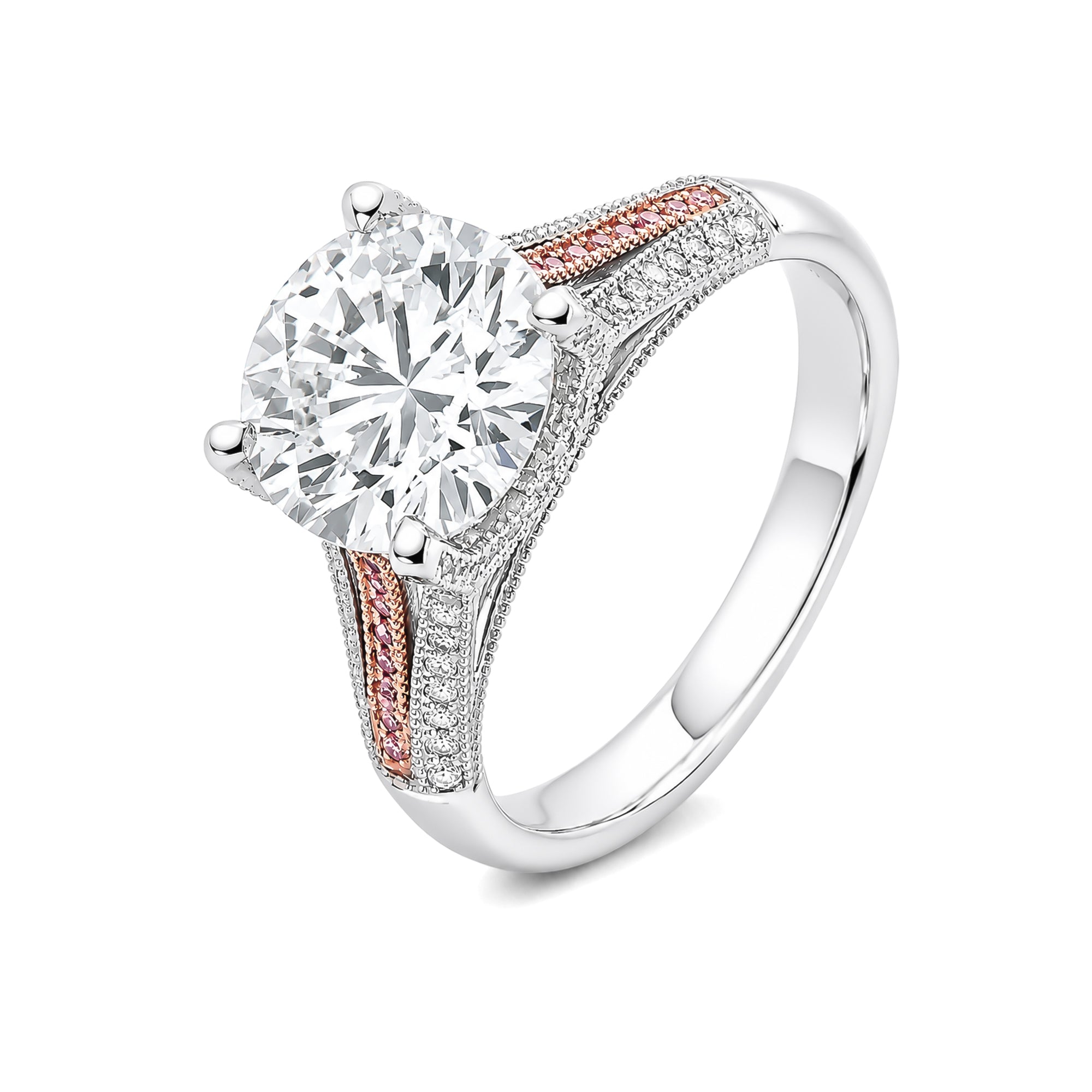 Two Tone White & Rose Gold Round Lab Diamond Split Shank Engagement Ring With Pink Accent Stones