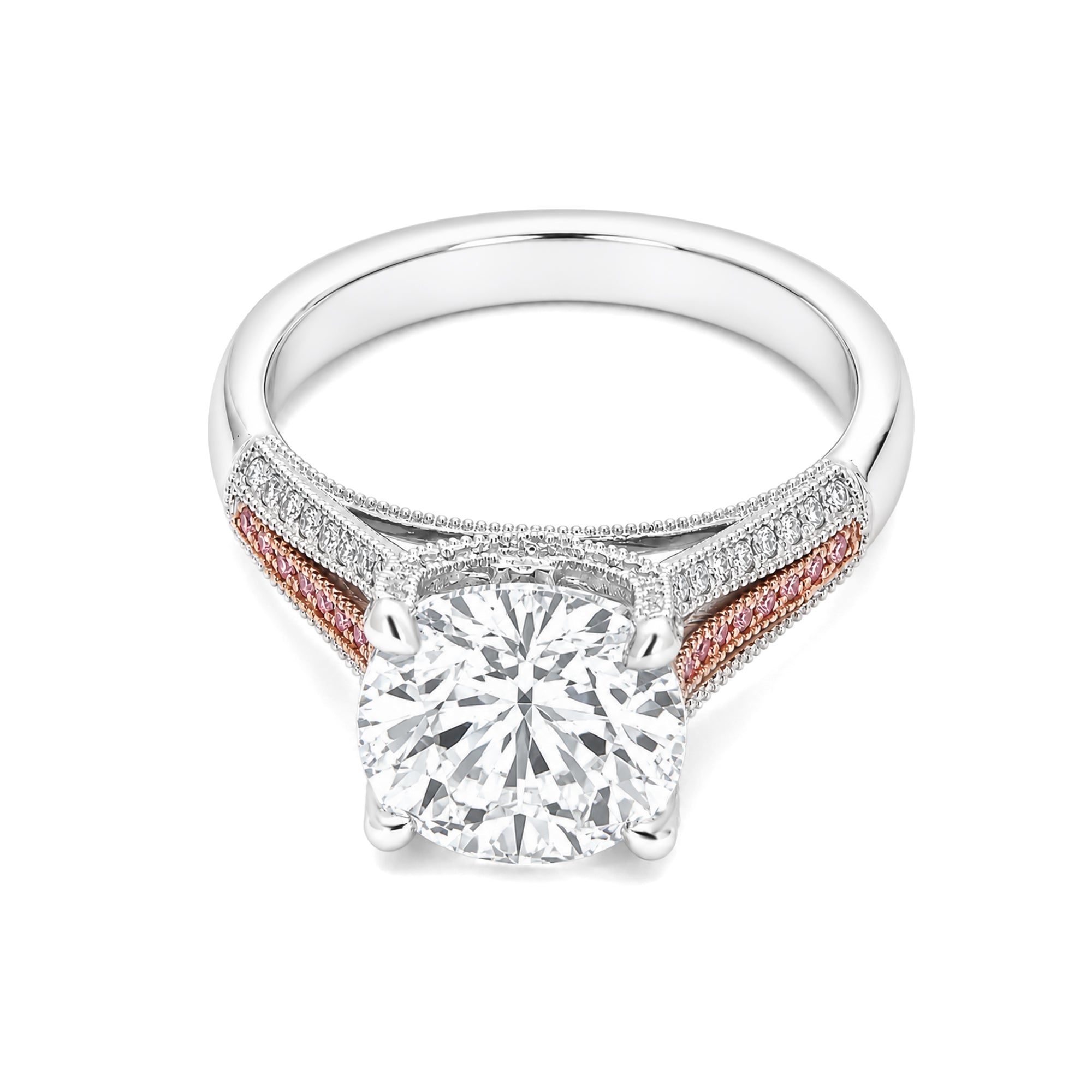 Two Tone White & Rose Gold Round Lab Diamond Split Shank Engagement Ring With Pink Accent Stones