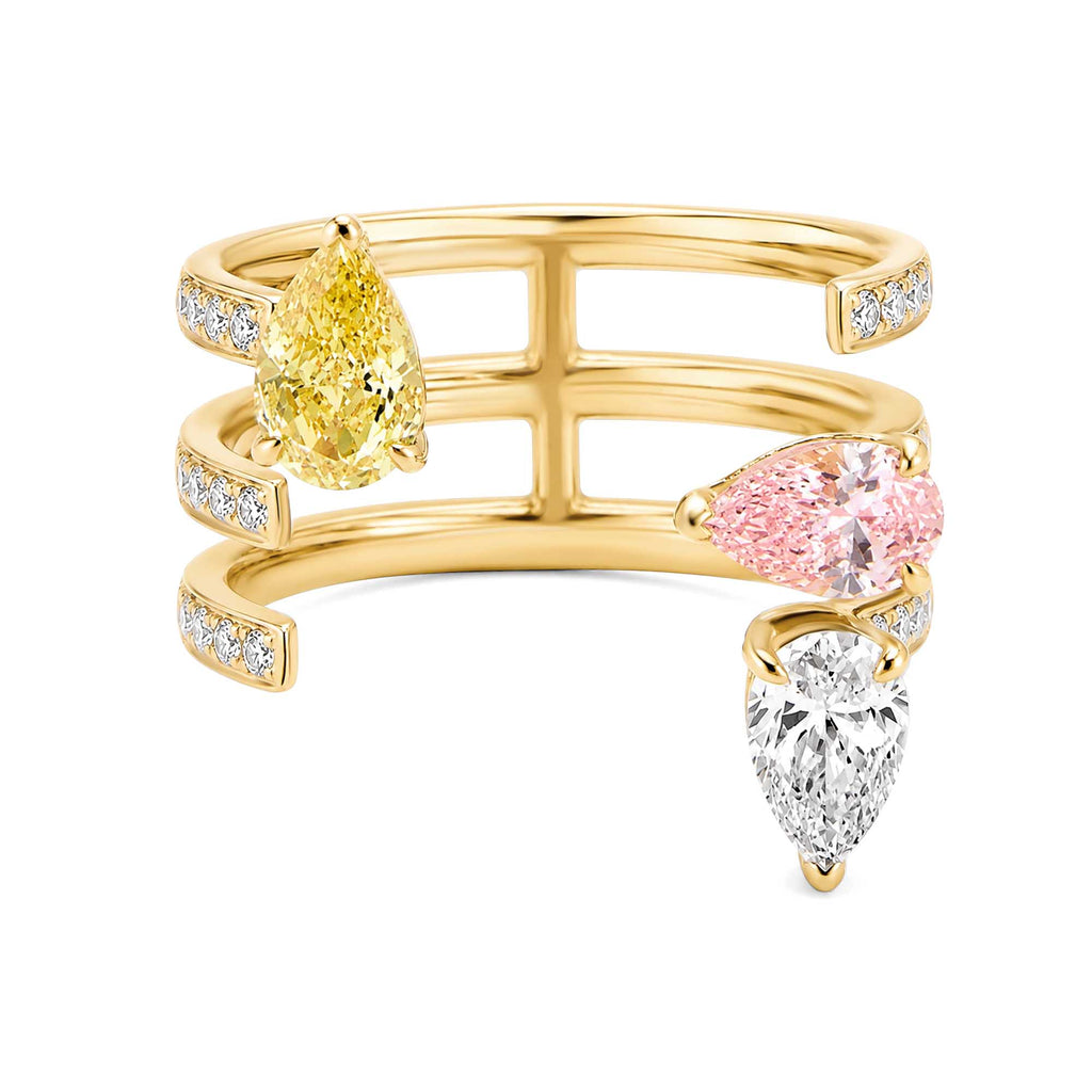 Lab Grown Pear Fancy Yellow Pink White Diamond Triple Row Open Cuff Ring 18K Yellow Gold Multi Gemstone Statement Ring