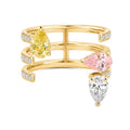 Lab Grown Pear Fancy Yellow Pink White Diamond Triple Row Open Cuff Ring 18K Yellow Gold Multi Gemstone Statement Ring